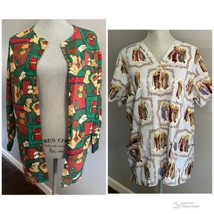 Bundle of two medium Christmas Holiday Scrub tops size medium